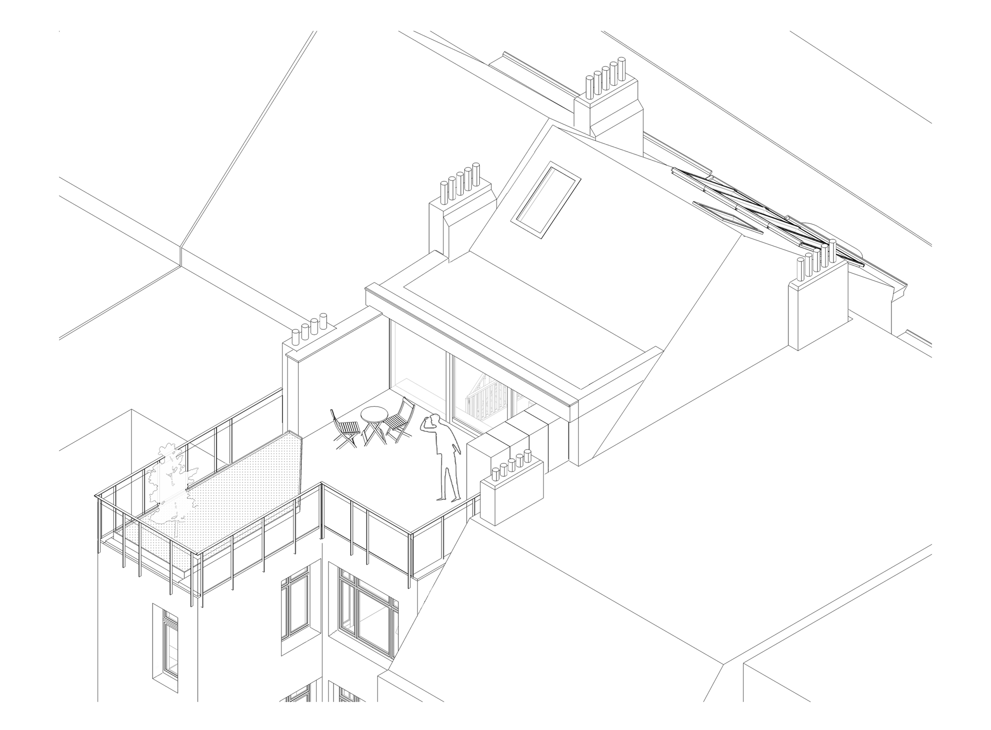 Axonometric drawing showing rooftop terrace with outdoor furniture and steel railing