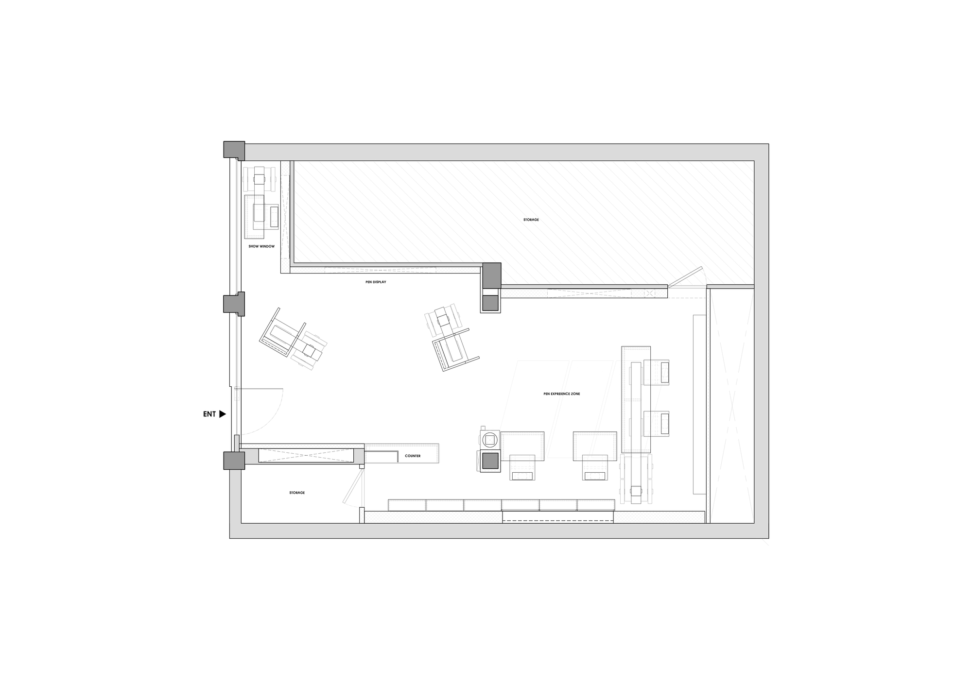 Floor plan drawing showing an angular open workspace with scattered furniture and perimeter service areas