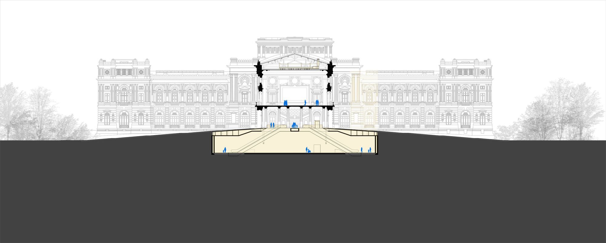 Section drawing showing underground entrance gallery beneath an existing palace building with trees flanking the approach
