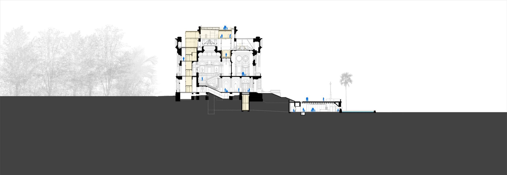 Section drawing through the central entrance pavilion showing descent into underground exhibition spaces