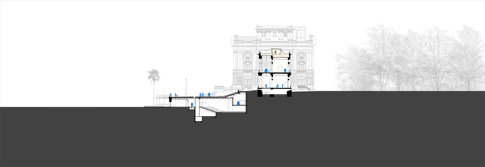 Section drawing depicting the entrance pavilion and ramped descent connecting to subterranean levels