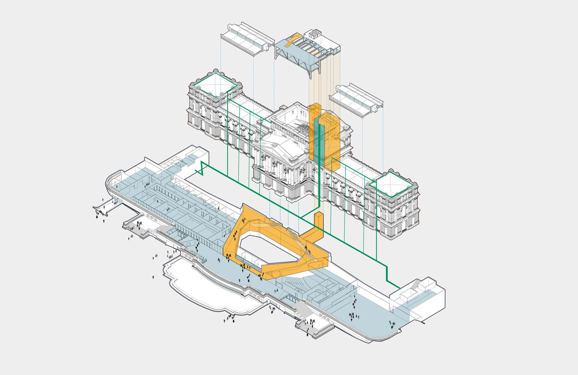 Axonometric drawing showing an underground passage with yellow volumes connecting existing structures