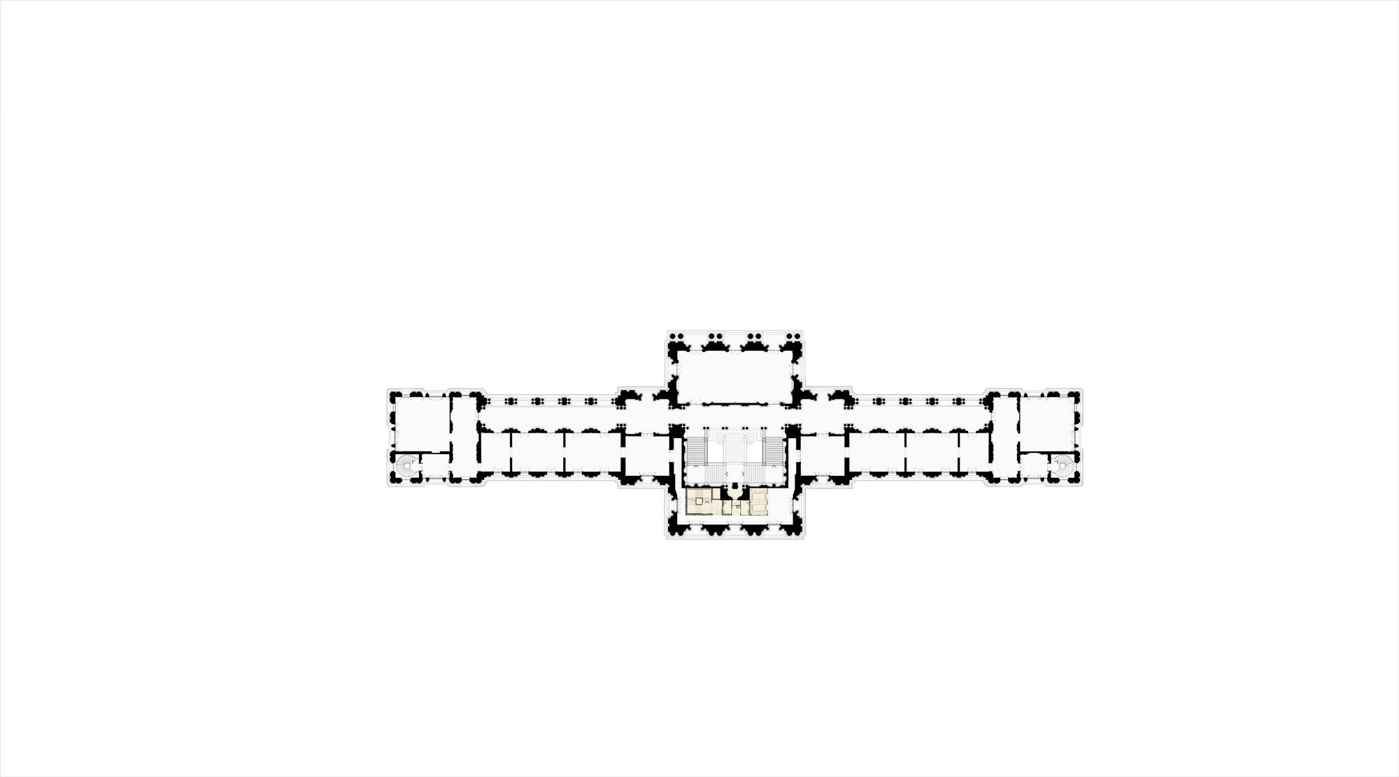 Historic floor plan drawing depicting a cross-shaped arrangement with columned galleries and central rotunda