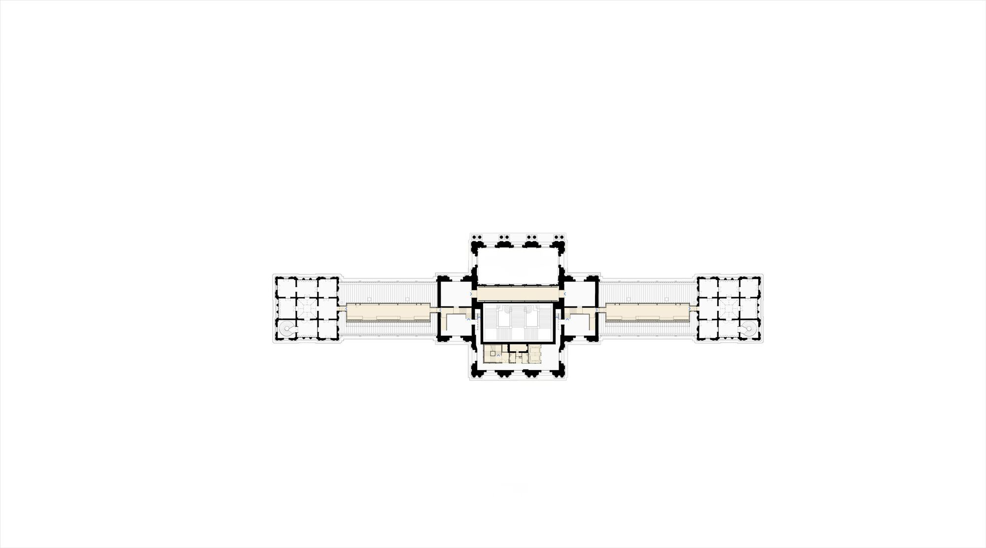 Floor plan drawing depicting a linear arrangement with central dome flanked by symmetrical corridors and pavilions