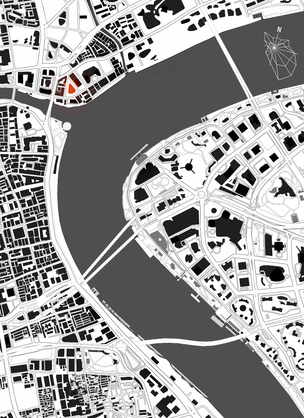 Site plan drawing showing a curved river dividing dense urban blocks with one parcel marked in red