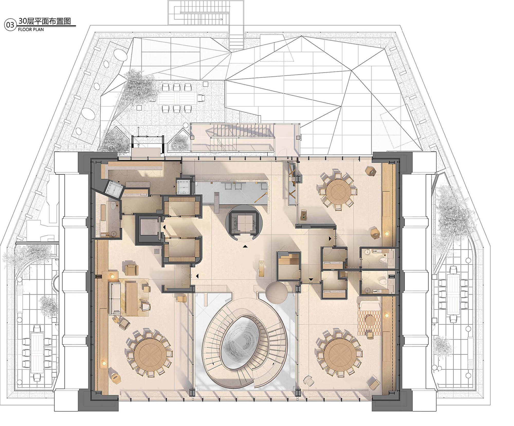 Floor plan drawing showing a central spiral staircase surrounded by furnished dining and lounge areas