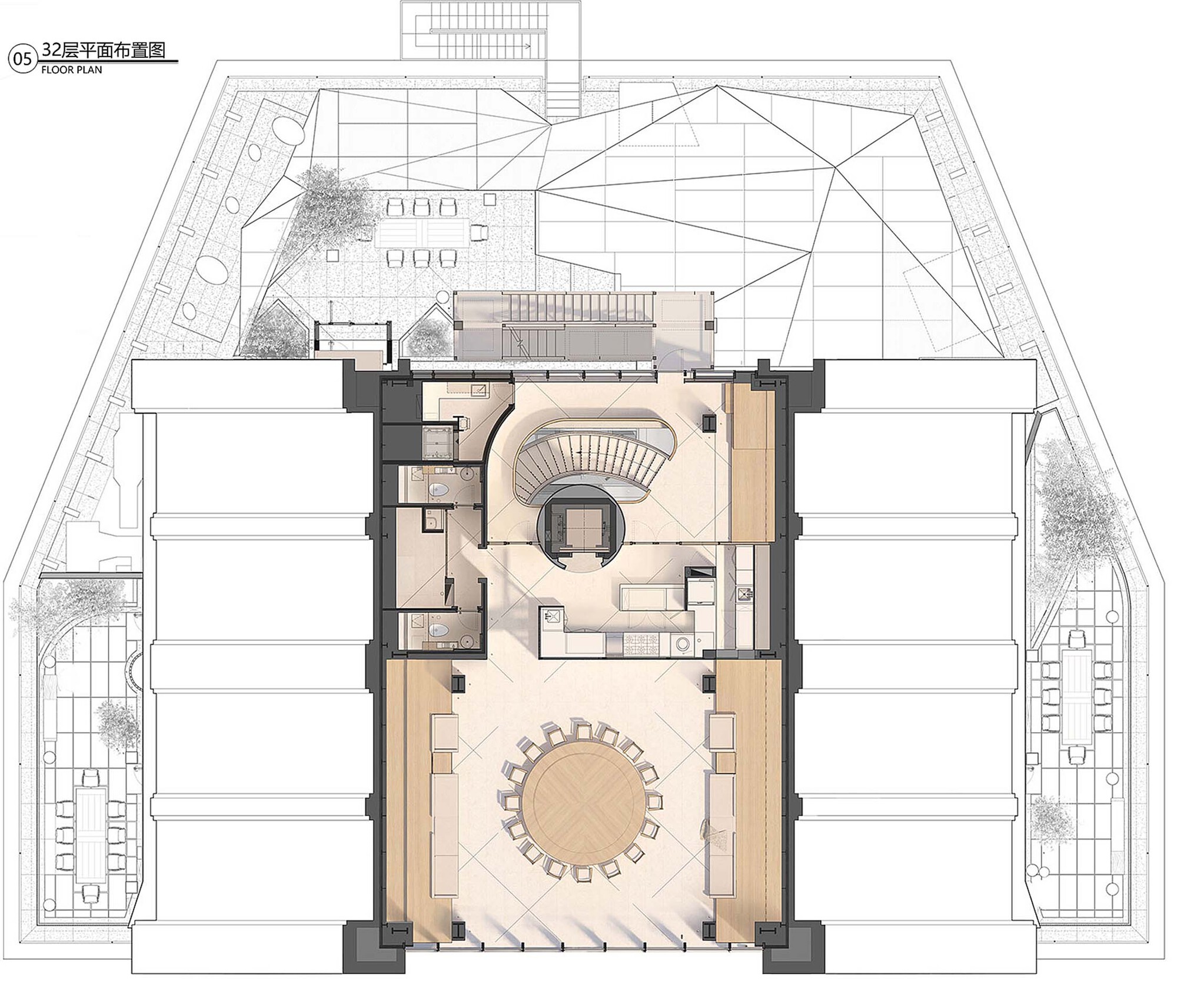 Floor plan drawing showing a single large dining area with central curved stair and surrounding balconies