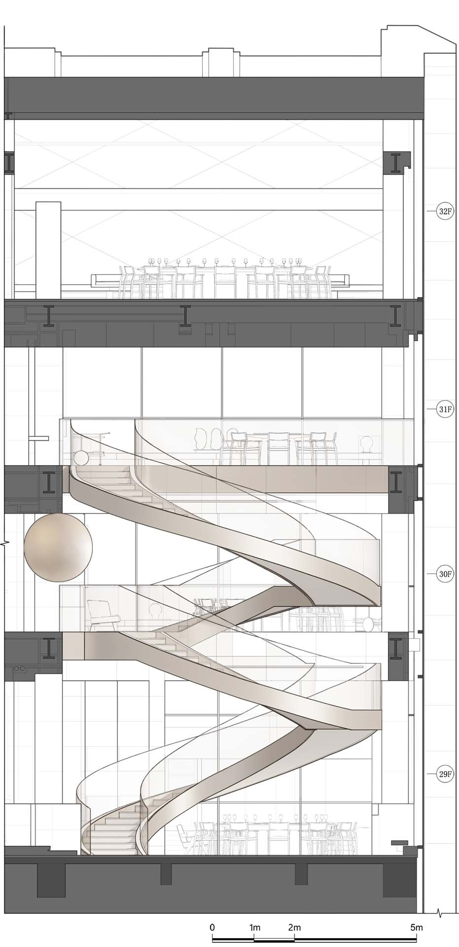 Section drawing detailing the sweeping curved staircase threading through four levels with suspended sphere