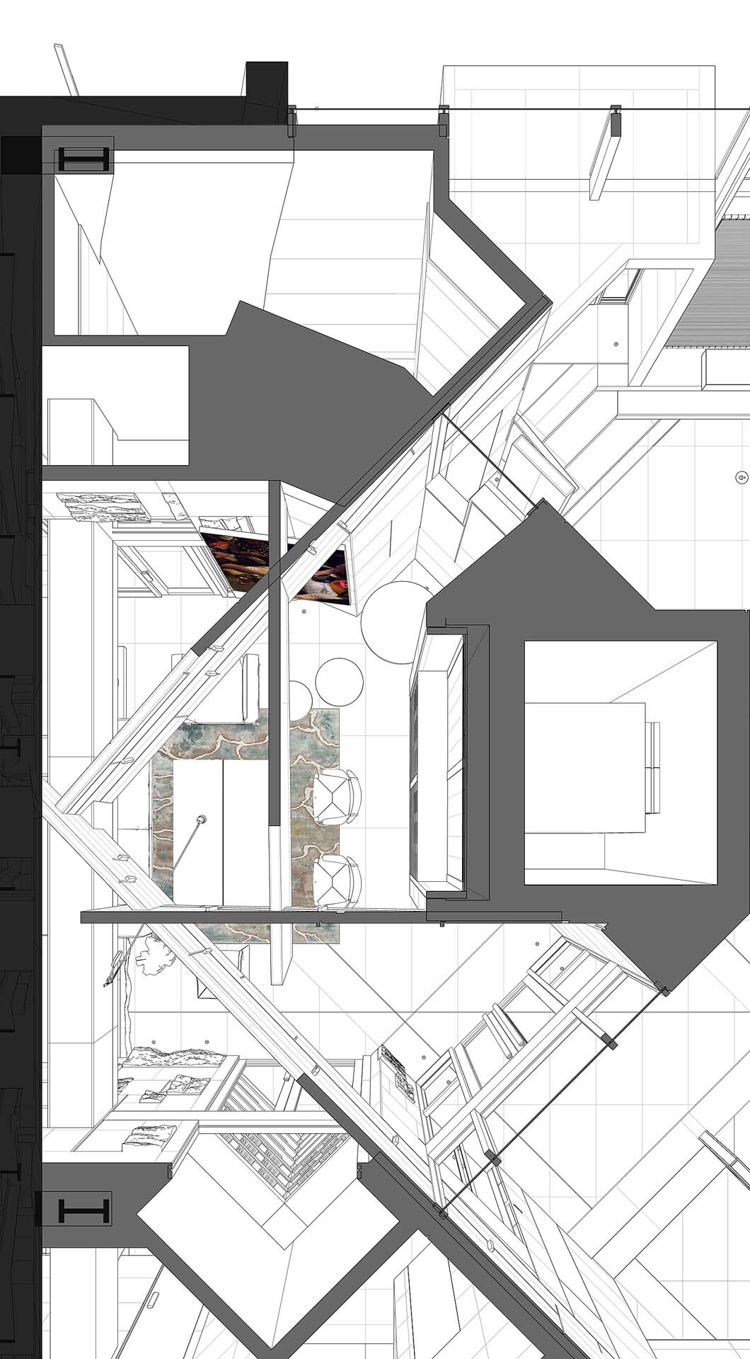 Floor plan view showing angular rooms arranged around a diagonal glazed corridor with planted areas