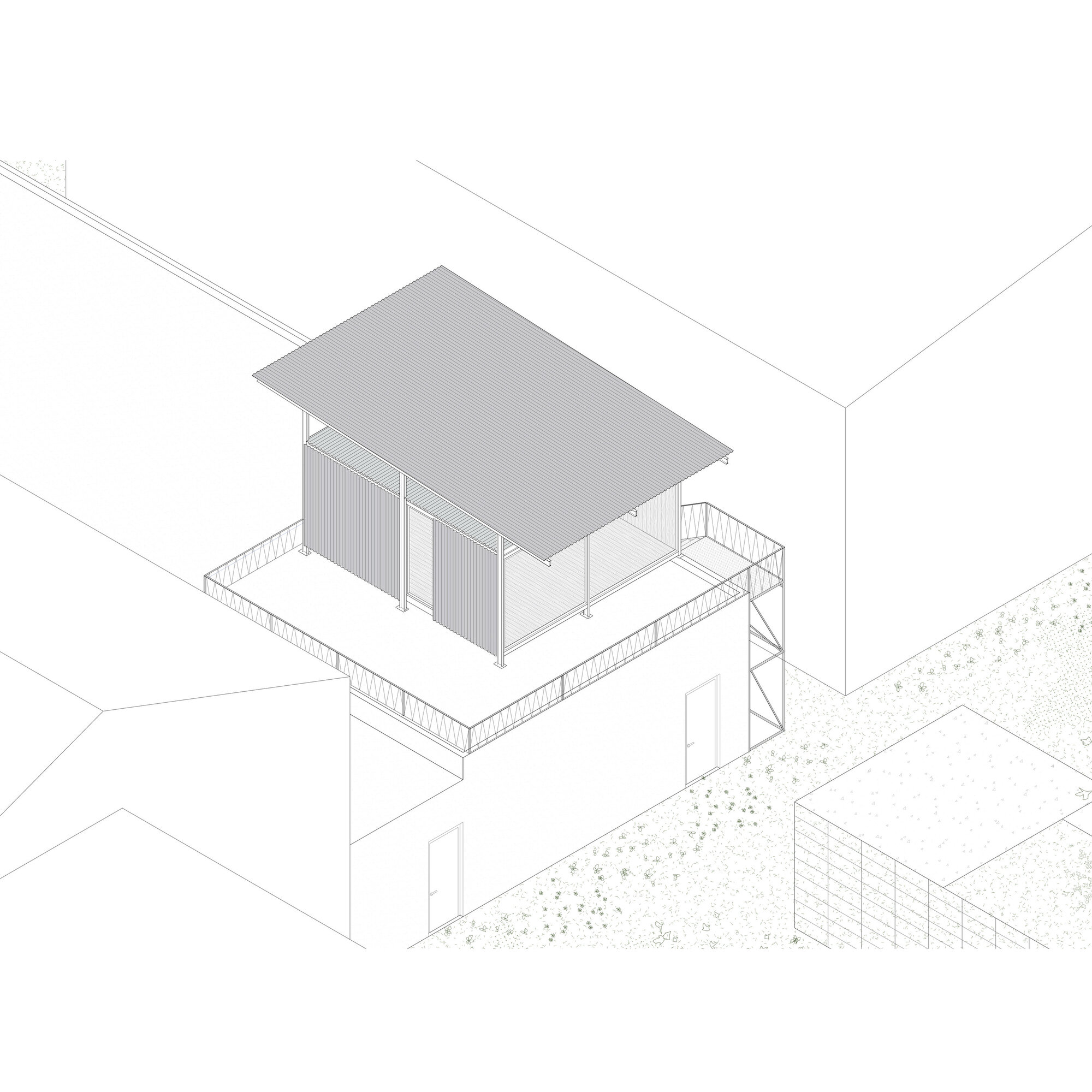 Axonometric drawing showing a corrugated roof pavilion atop a base volume with connecting staircase and landscaping