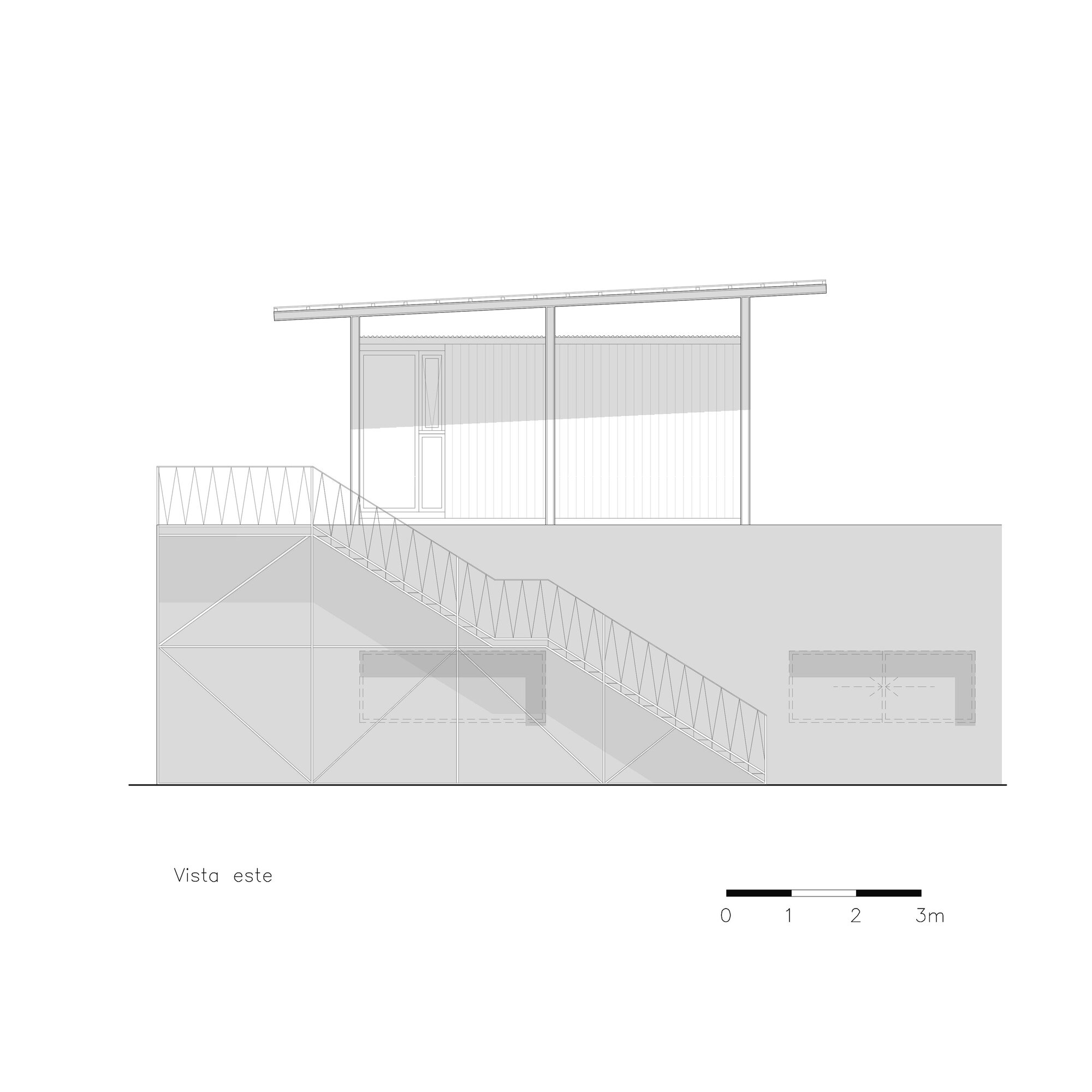 East elevation drawing showing an external staircase ascending from base to upper glass and corrugated pavilion