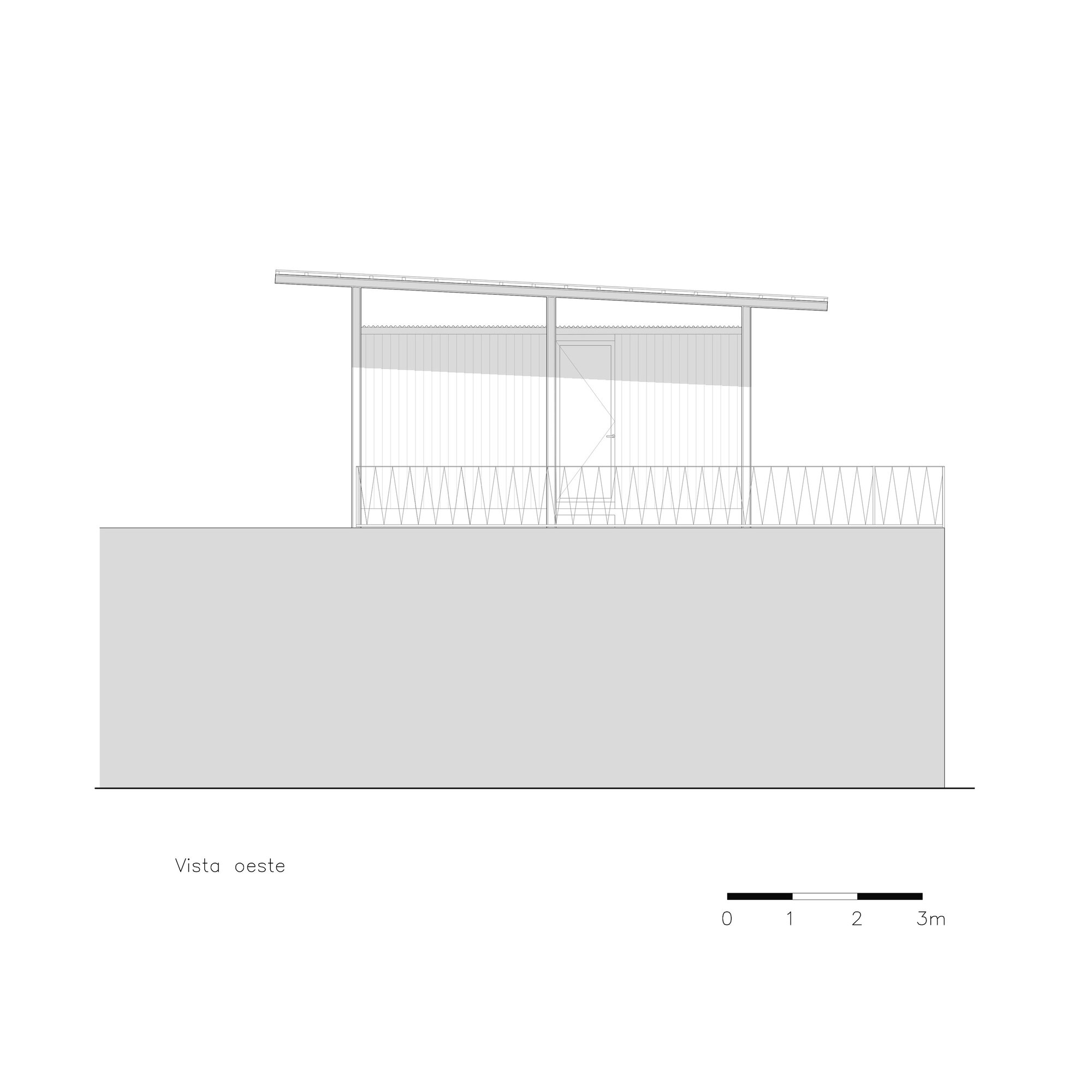 Elevation drawing showing a flat-roofed pavilion with glazing and horizontal cladding above a solid base