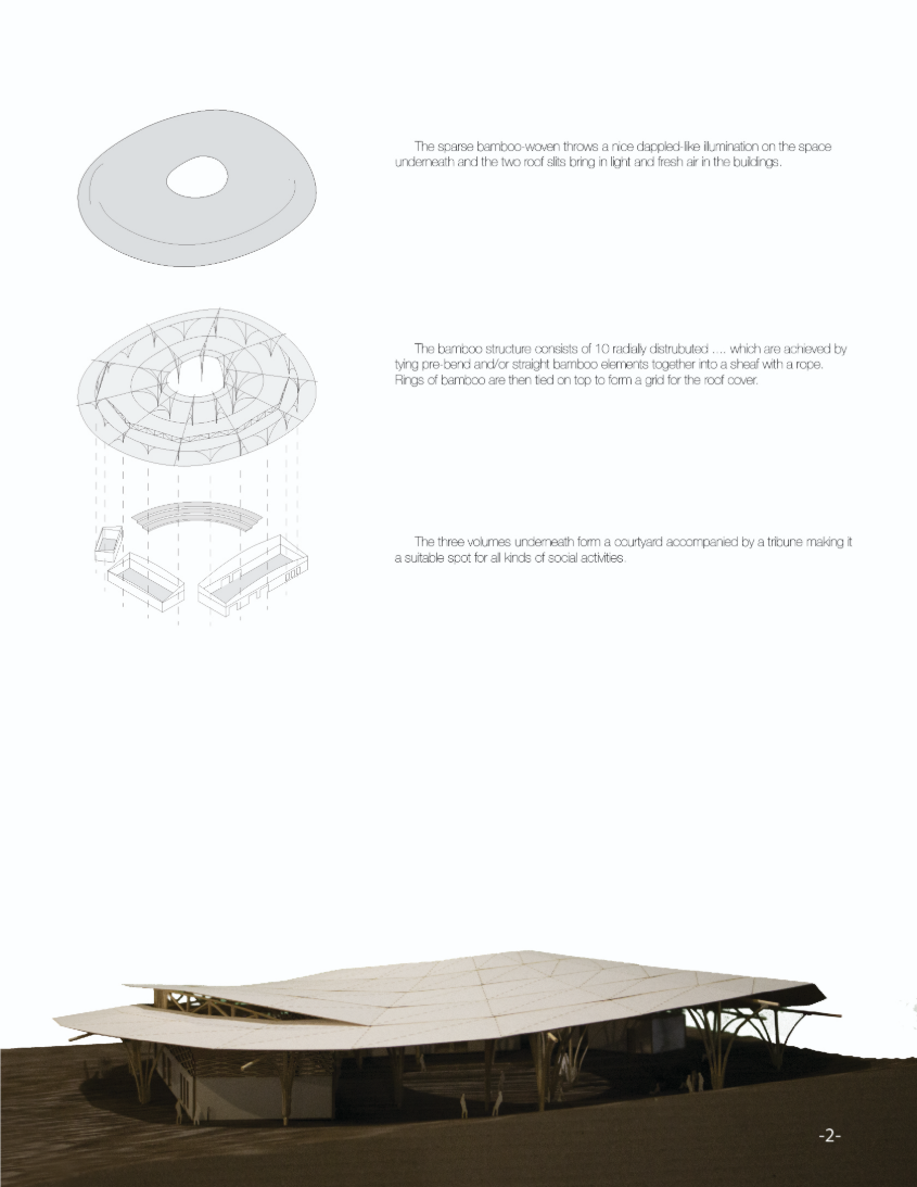 Exploded bamboo roof diagram explaining how woven surfaces, radial members, and courtyard spaces shape the community centre.