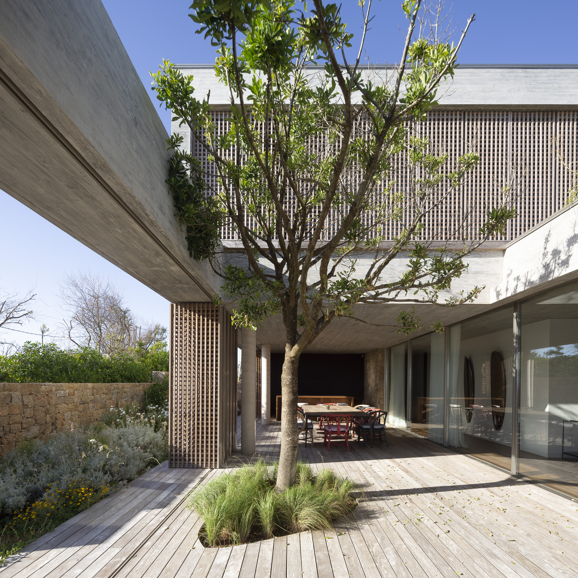 Timber deck terrace with planted tree and vertical timber screens framing a covered dining area