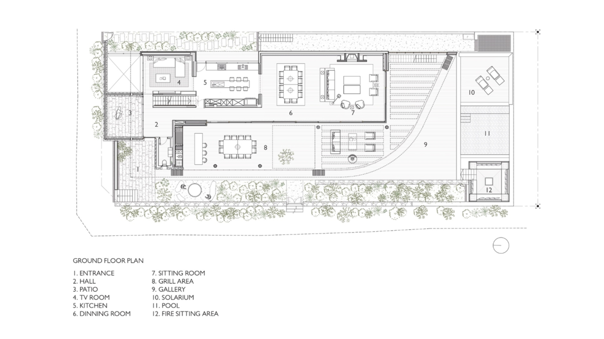 Ground floor plan drawing showing living and dining spaces wrapping around a planted courtyard