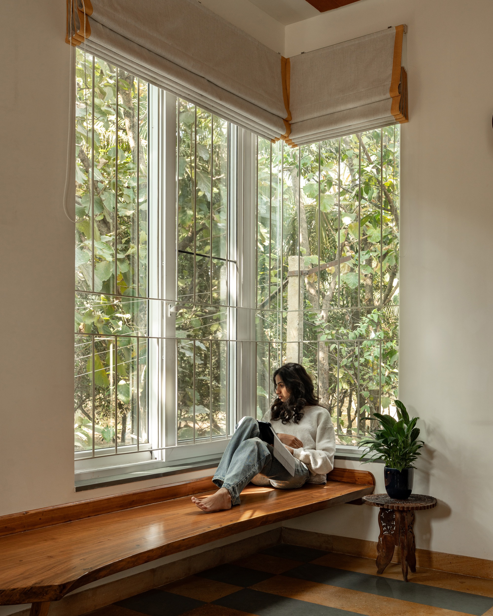 Corner window seat with live-edge timber platform overlooking a lush planted courtyard