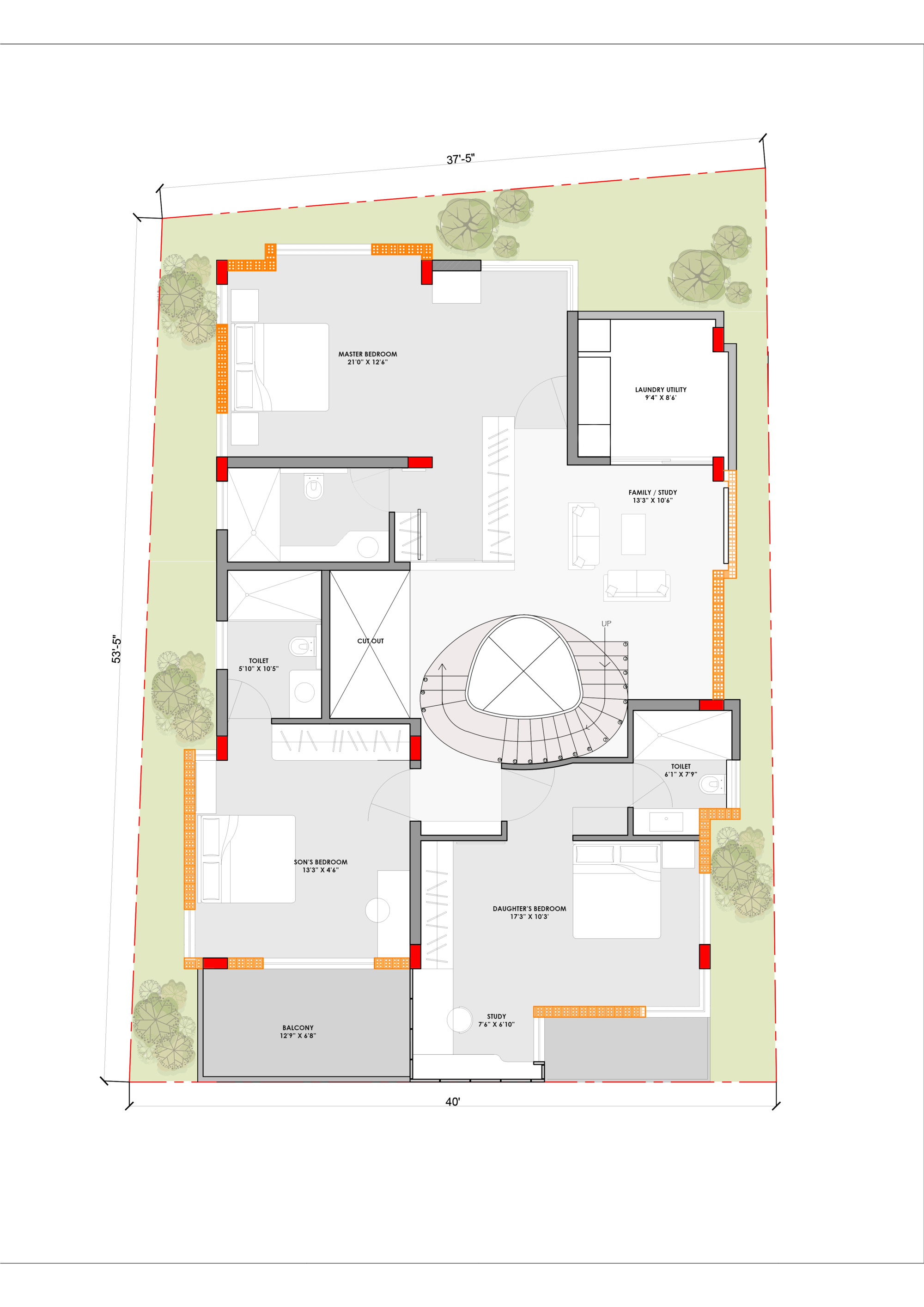 Upper floor plan drawing showing bedrooms and a family court around a central circular stair void with surrounding landscape