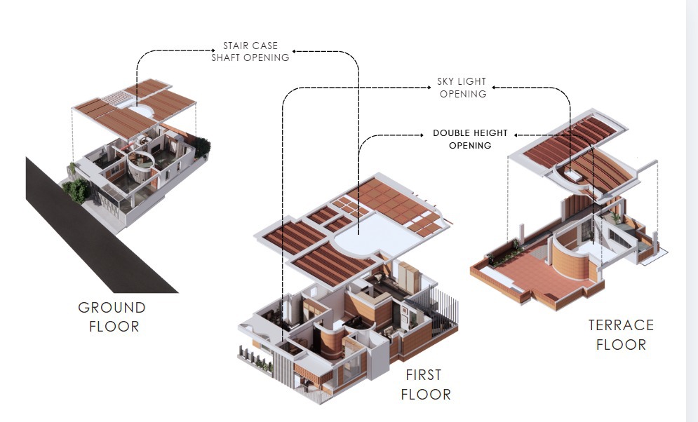 Exploded axonometric drawing showing three floor levels with timber roof planes and stair openings