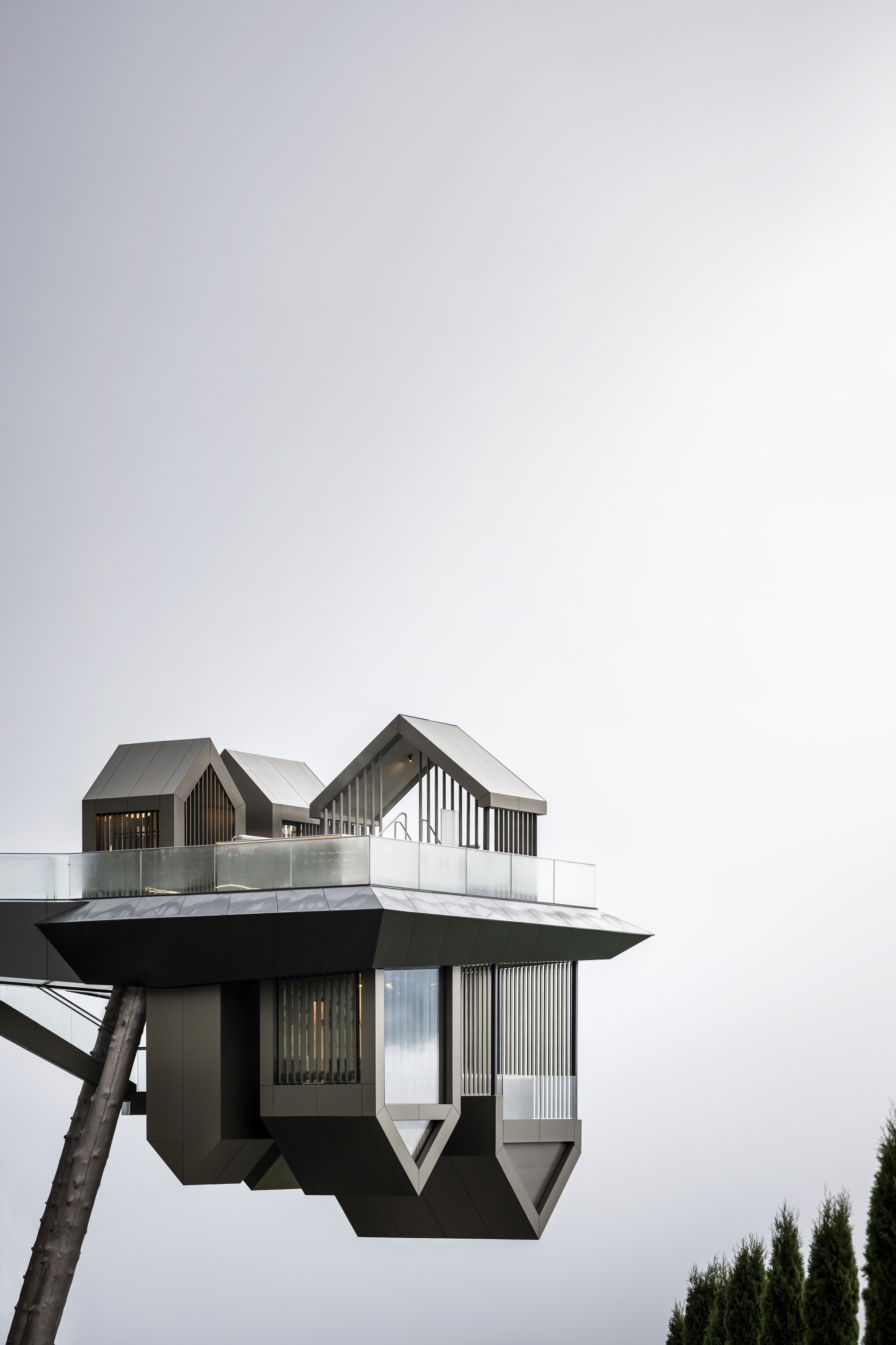 Elevated observation structure with gabled roof forms and vertical timber cladding against an overcast sky