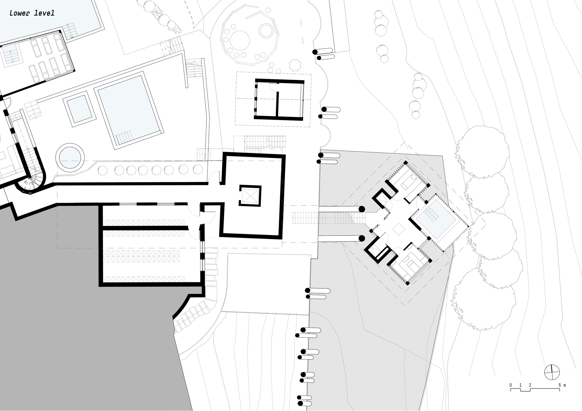 Lower level floor plan drawing showing interior rooms and the angled volume beside trees
