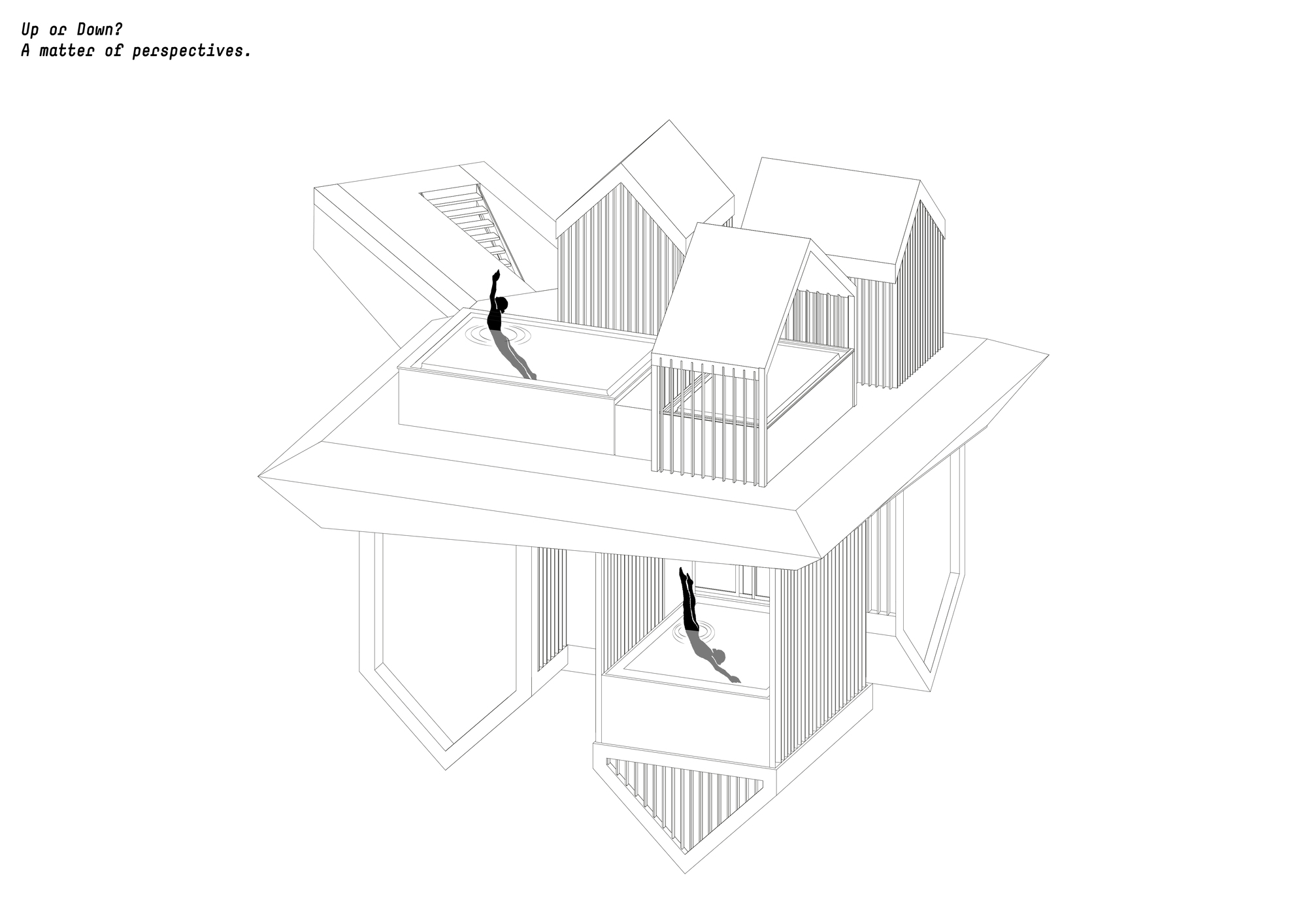 Axonometric drawing of interconnected gabled volumes with two figures on stairs and terrace levels
