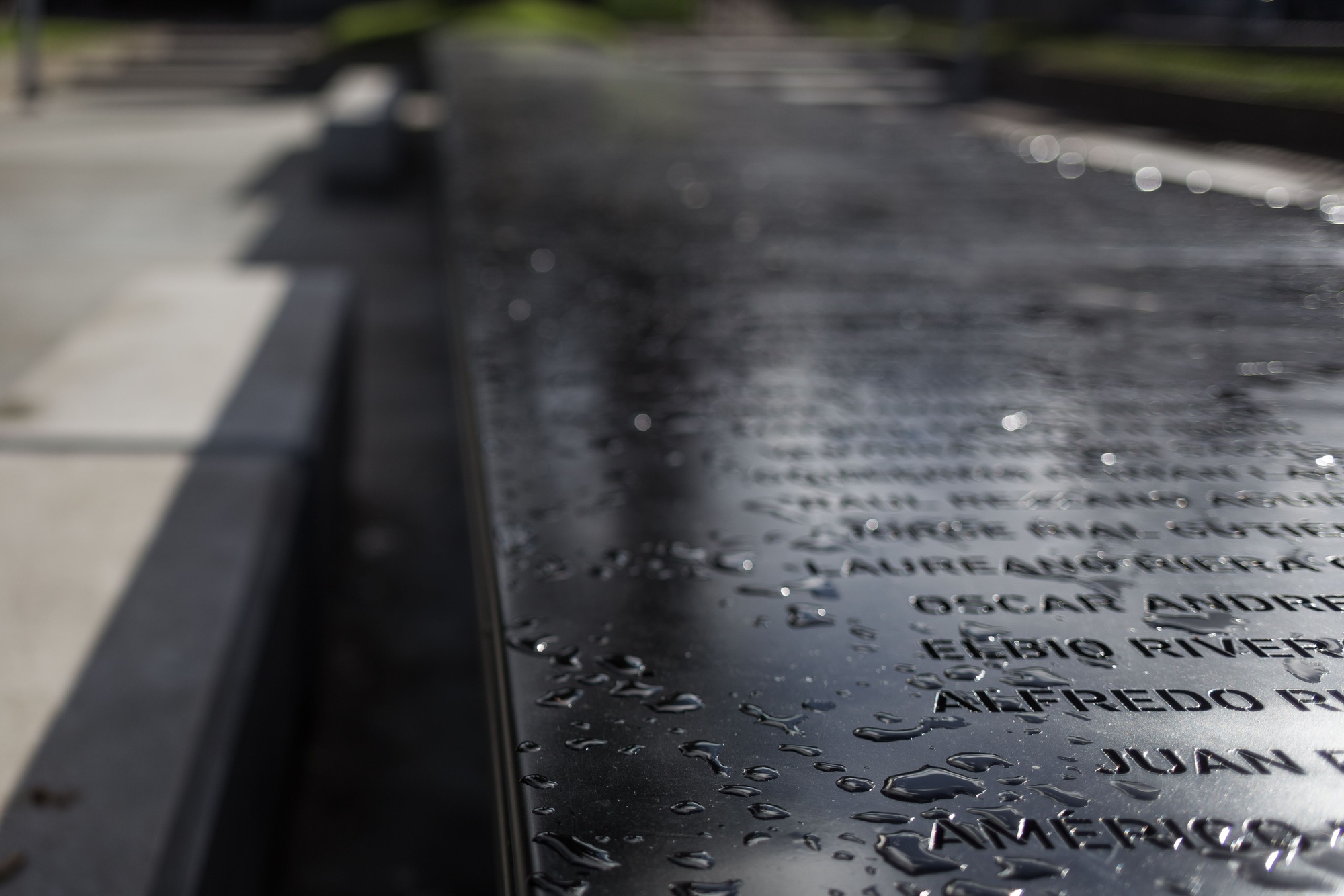 Close-up of engraved names on wet black granite surface with water droplets