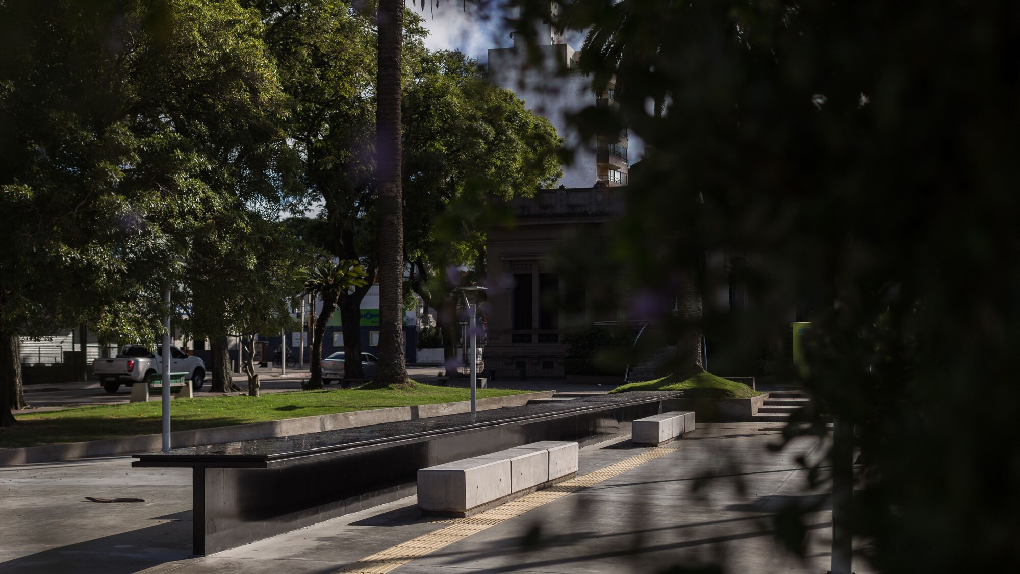 Memorial installation with black and white seating elements viewed through tree branches in afternoon light