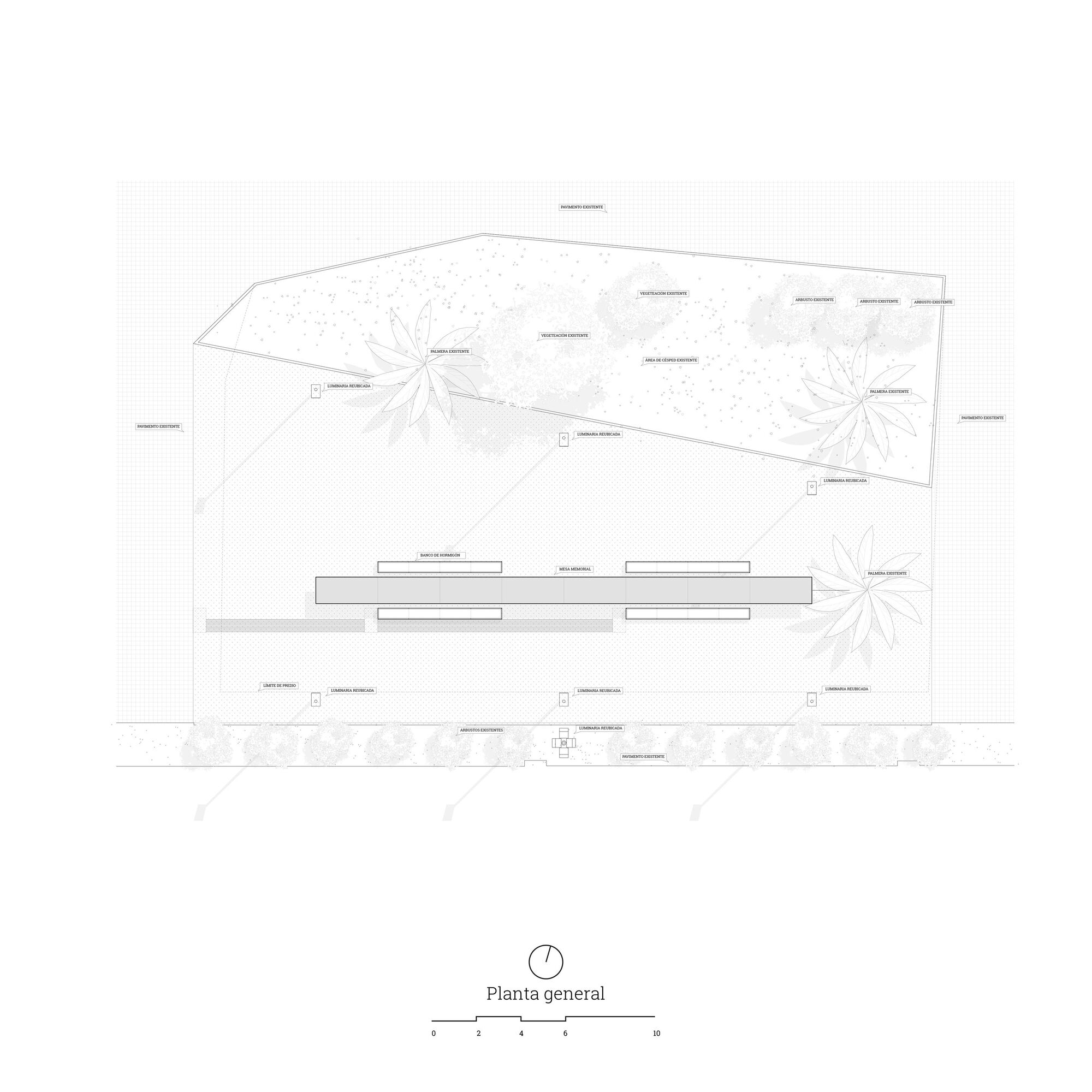 Floor plan drawing showing an angular footprint with planted areas and interior spaces arranged along a diagonal axis