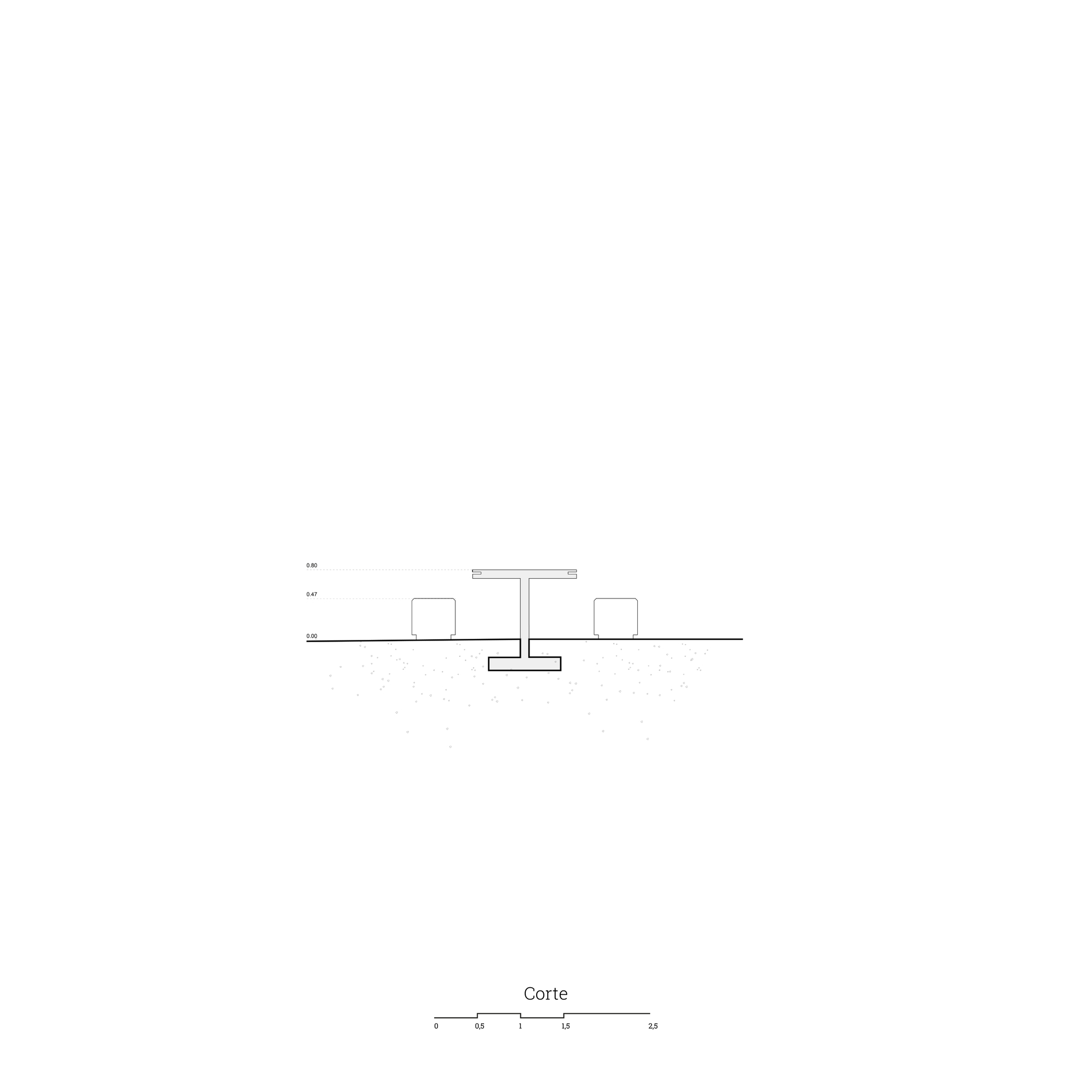 Section drawing showing a central cantilevered roof structure flanked by two volumes at ground level