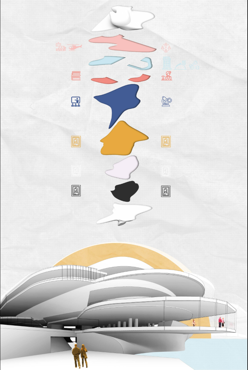Exploded architectural diagram showing layered programs inspired by the adaptive growth of coral reefs.