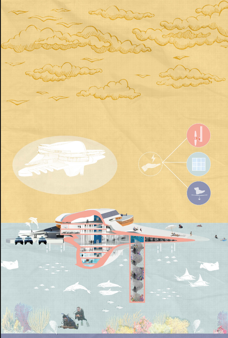 Sectional perspective revealing research, education, tourism, and marine conservation spaces within the floating complex.