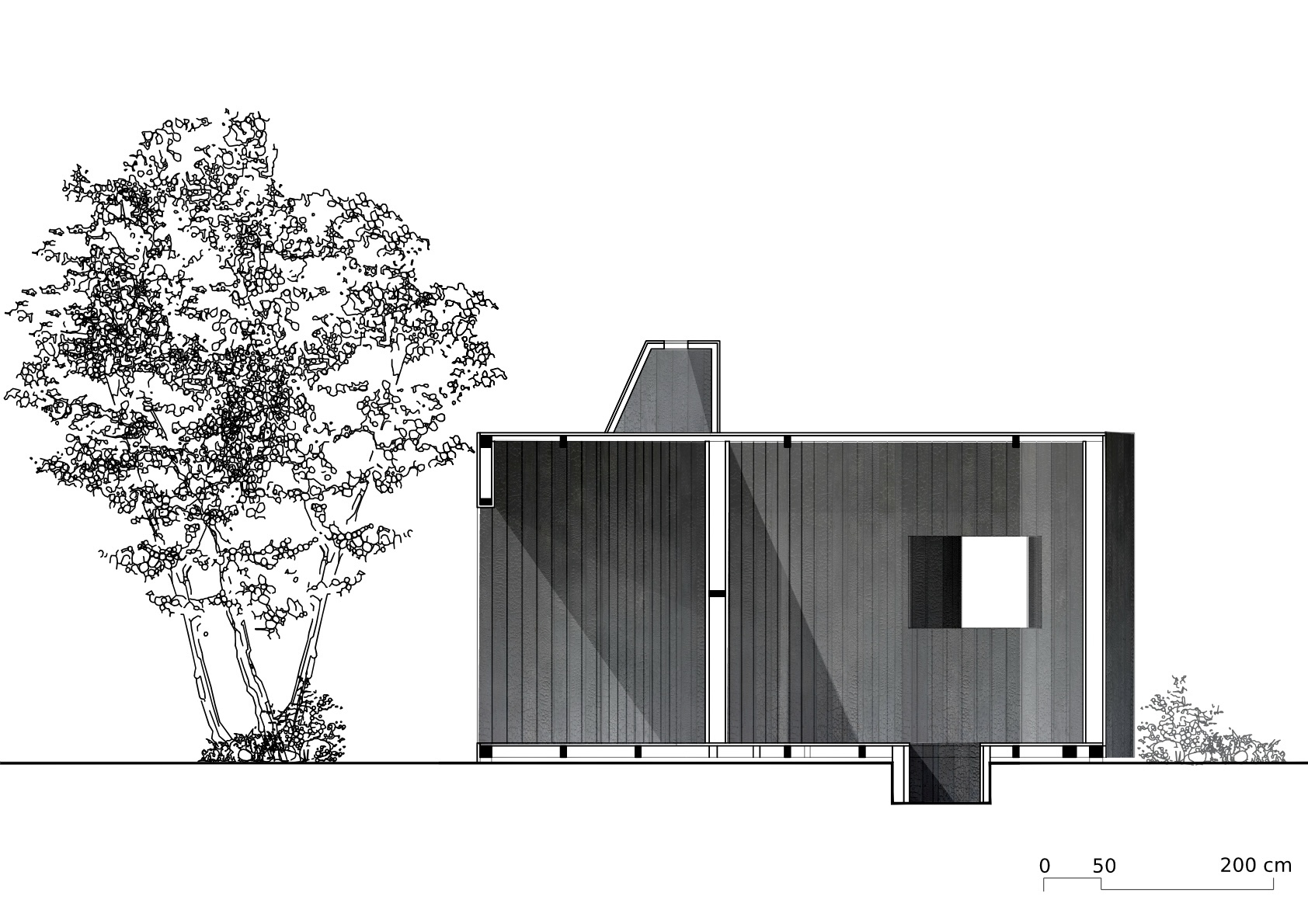 Elevation drawing showing the timber-clad pentagonal structure with a square window and adjacent trees