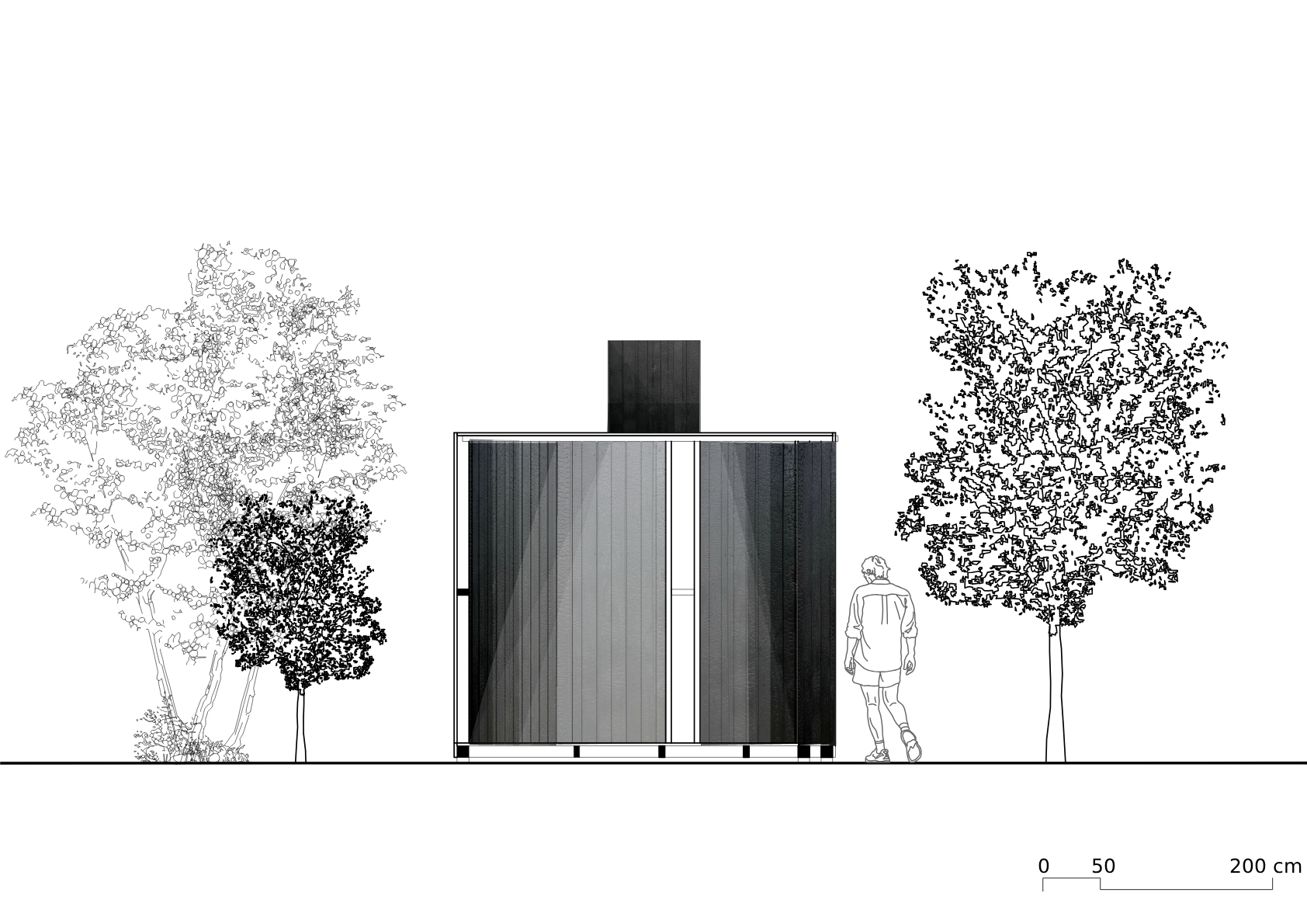 Elevation drawing showing a dark timber-clad volume with a chimney flanked by deciduous trees and a figure for scale