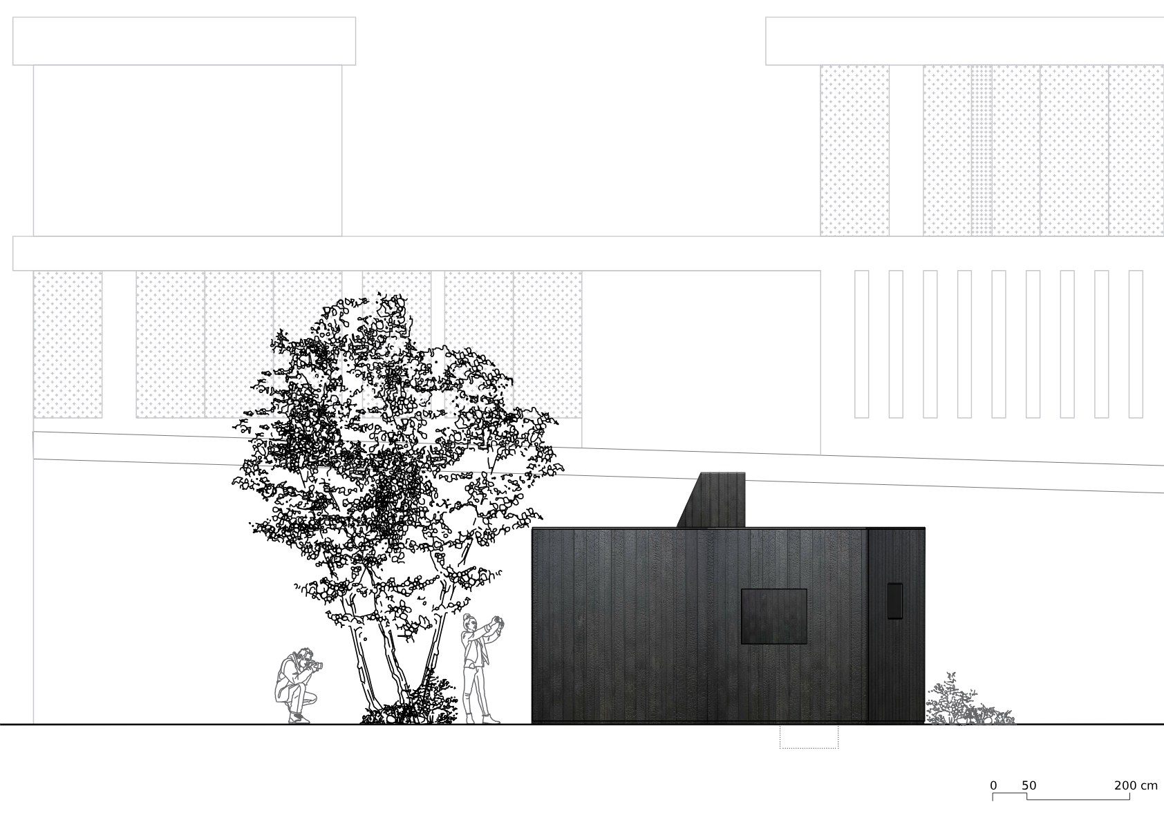 Elevation drawing showing a dark-clad volume in front of a textured wall and adjacent building with a tree