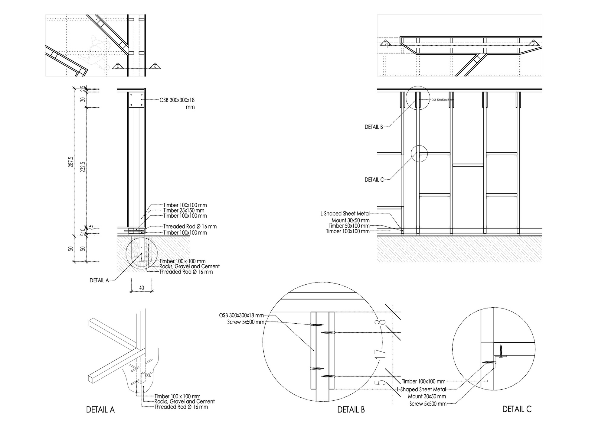 Construction detail drawings showing timber column base connections and metal sheet panel assembly with dimensions and material callouts