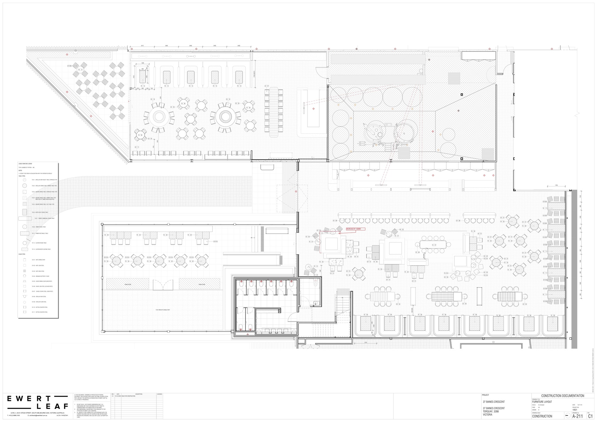 Floor plan drawing showing dining areas, kitchen, and outdoor terrace with circular seating arrangements