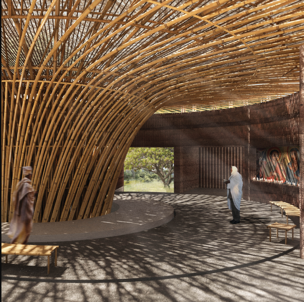 Bamboo ribs create a sacred interior canopy, filtering light across the chapel’s circular prayer space.