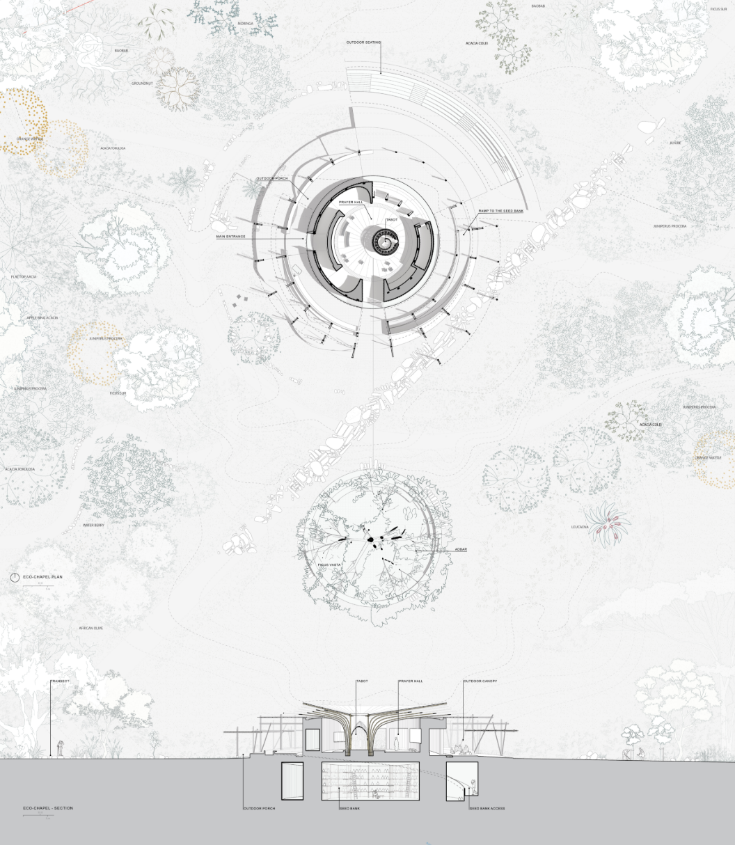The Eco-Chapel plan reveals a circular worship hall set within a biodiverse forest landscape.