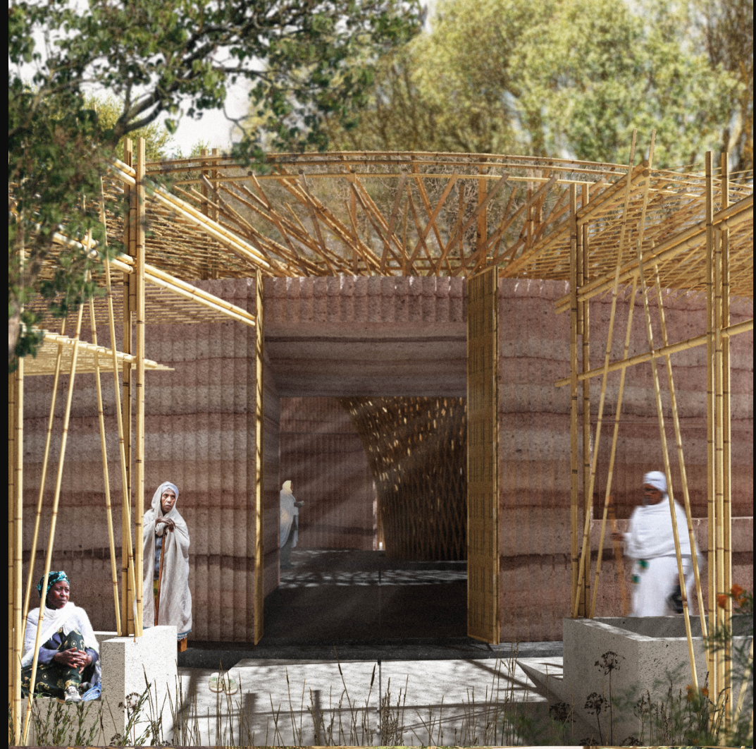 Rammed earth walls and bamboo screens frame the chapel entrance with a grounded, climate-responsive character.