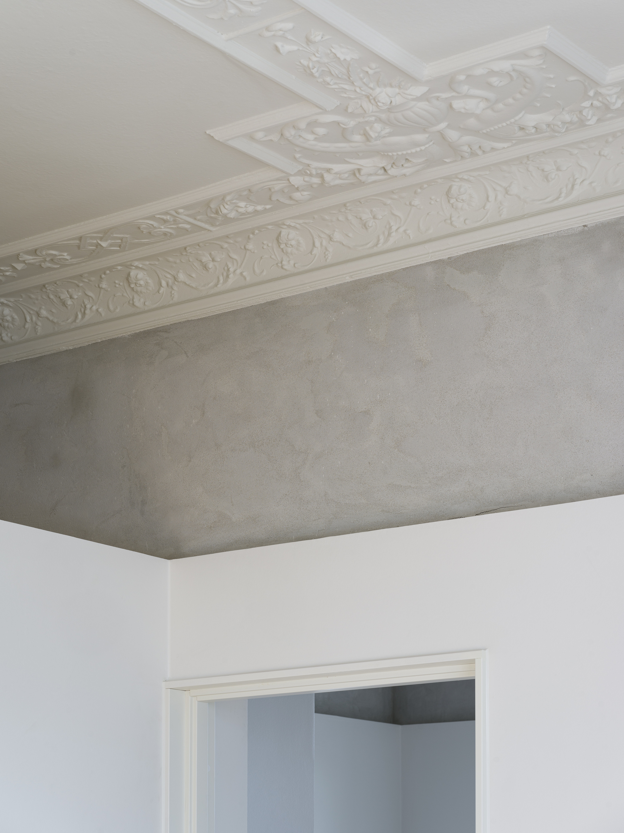 Ornate plaster ceiling molding with floral motifs against a textured grey surface