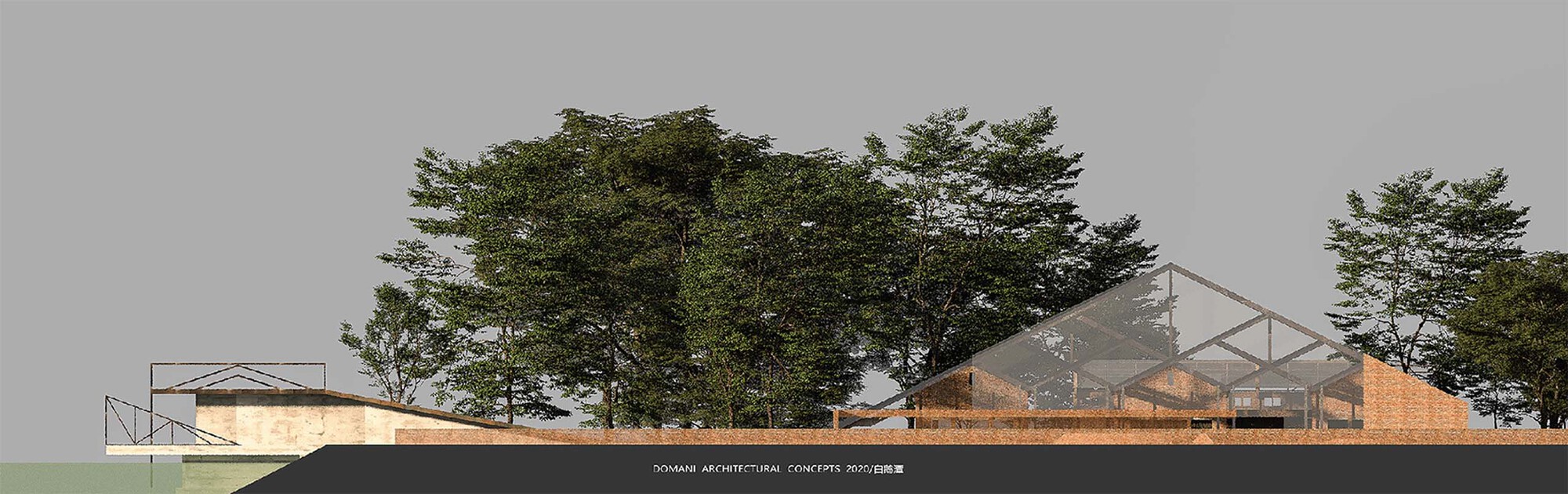 Sectional elevation revealing transparent gabled roof structure above brick base surrounded by dense tree canopy