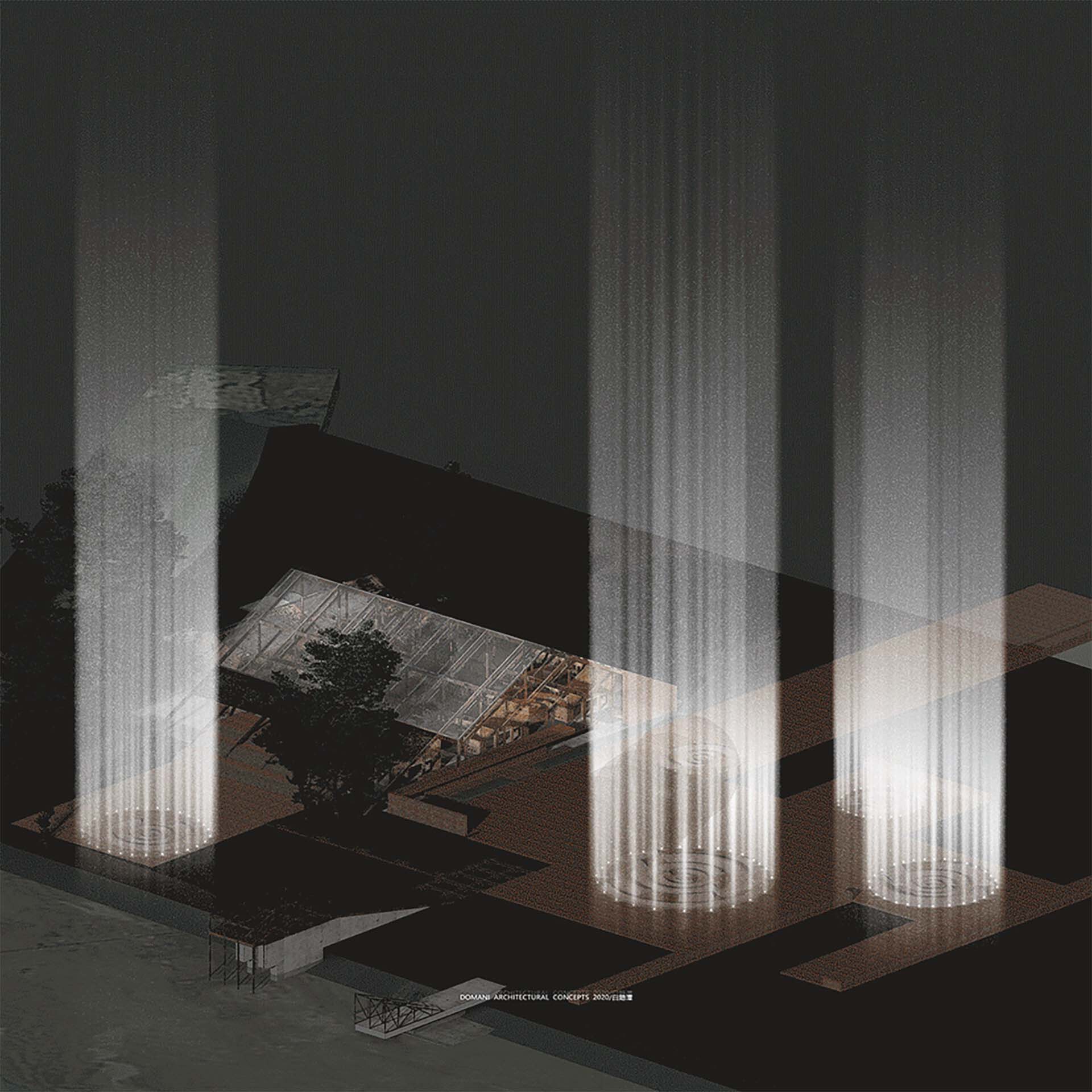 Aerial rendering showing translucent pavilion volumes with dramatic vertical light beams at night