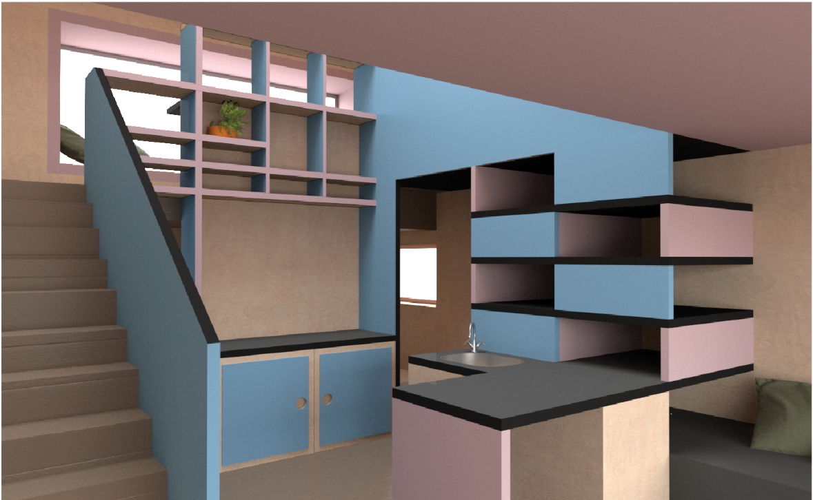 Compact living area featuring custom built-in storage, multifunctional furniture, and space-efficient interior design.