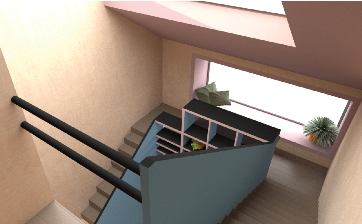 Skylit staircase creates vertical connectivity while maximizing natural light within the compact bridge dwelling.