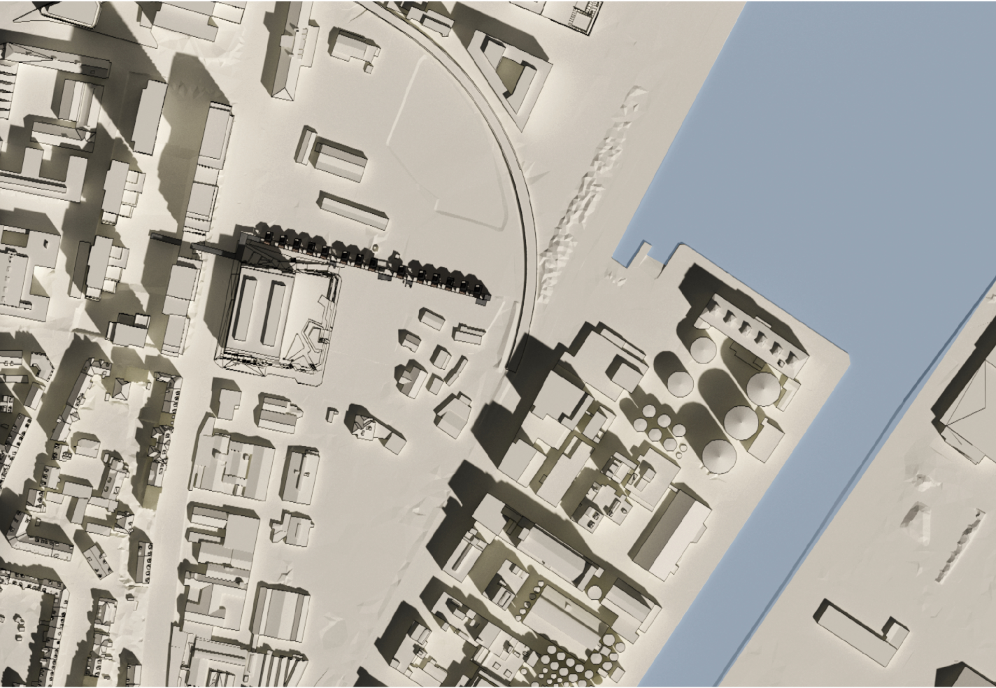 Masterplan visualization showing Clip-on Houses integrated along existing industrial bridge infrastructure in Aarhus.