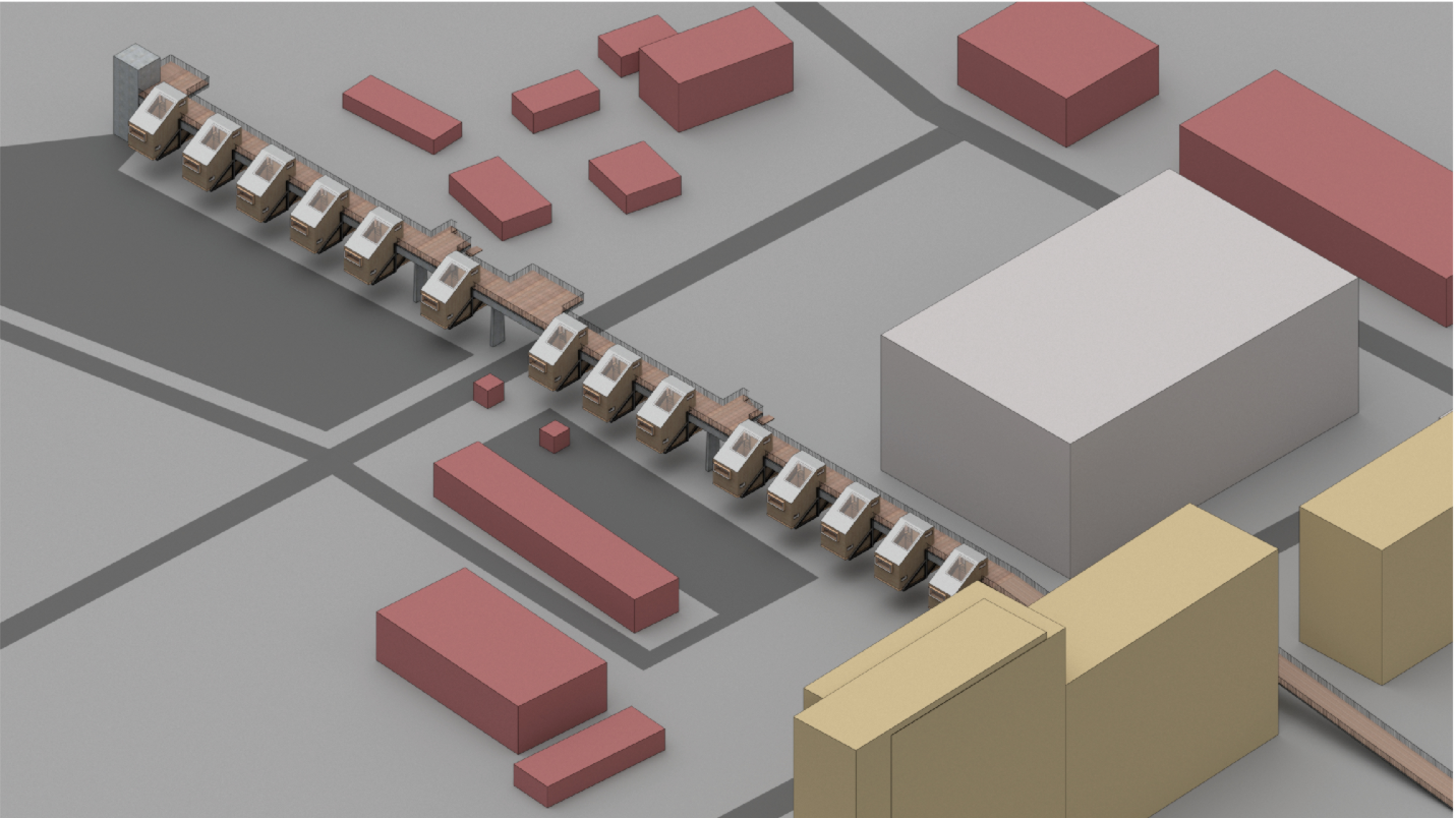 Bridge-mounted housing modules demonstrate adaptive reuse architecture within a former industrial urban landscape.