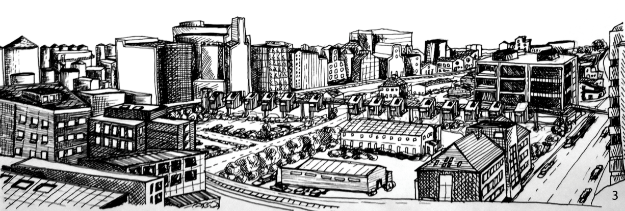 Urban perspective showcasing a vibrant residential community created through the transformation of industrial infrastructure.