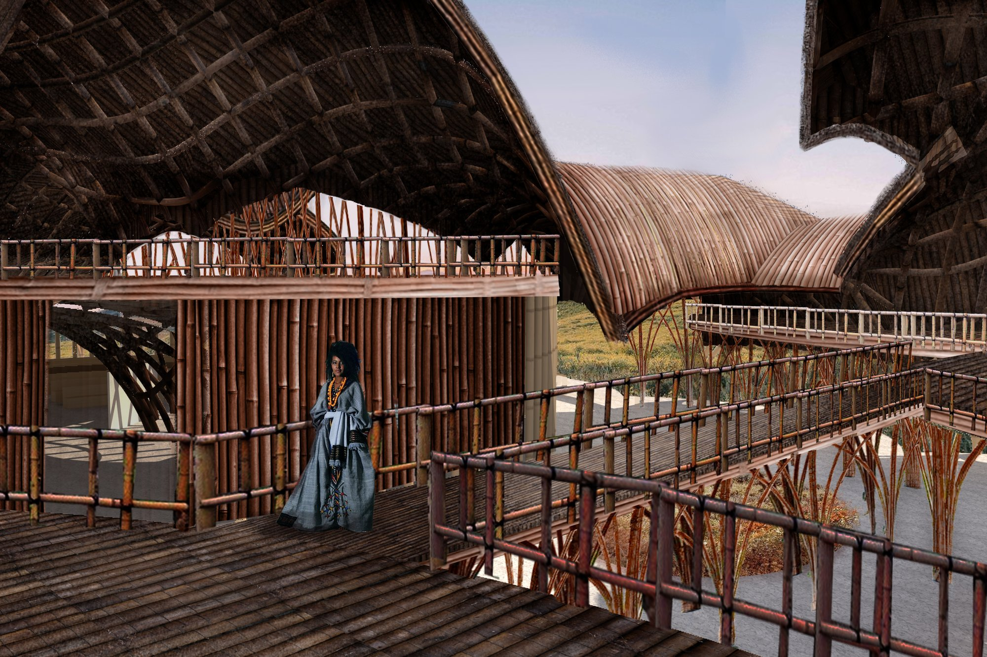 Elevated bamboo walkways weave through the complex, connecting community spaces beneath expressive organic roof structures.