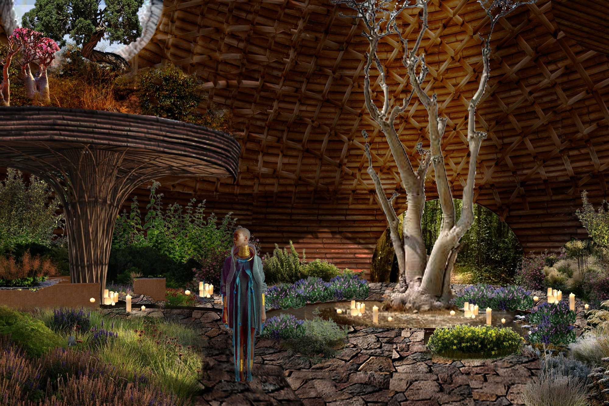 The central chapel courtyard creates a tranquil sanctuary where landscape, spirituality, and sustainable architecture converge.