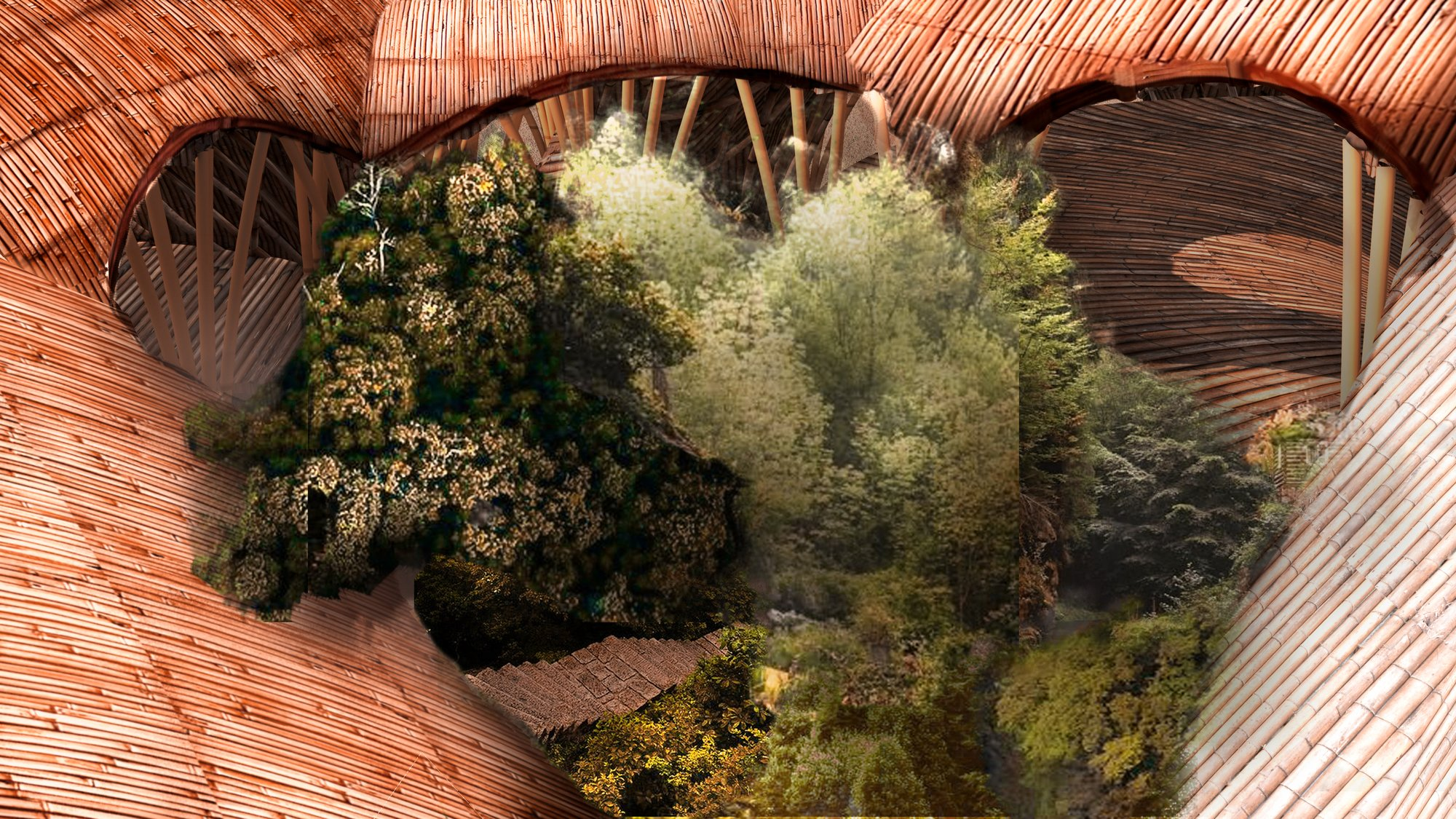 A forest-filled interior void blurs the boundary between architecture and nature, reinforcing the project's ecological mission.